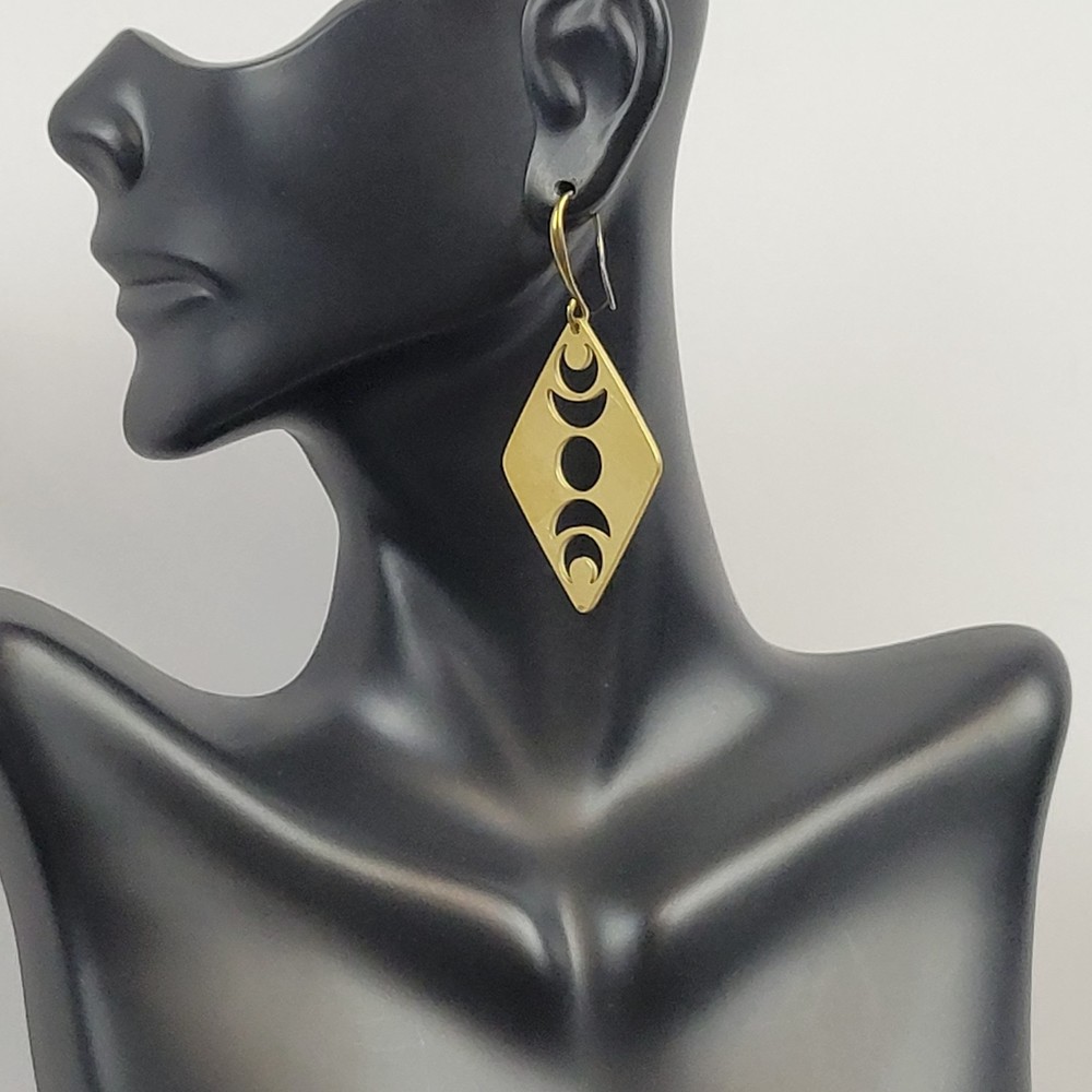 Dangle Drop Earrings Raw Brass Moon Phase Hook Handmade 2.5" Long Diamond Shape - Picture 3 of 12